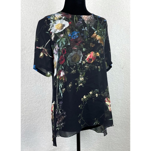 ADAM LIPPES • Black/Multi Floral Print Silk T-Shirt Blouse - Picture 8 of 13